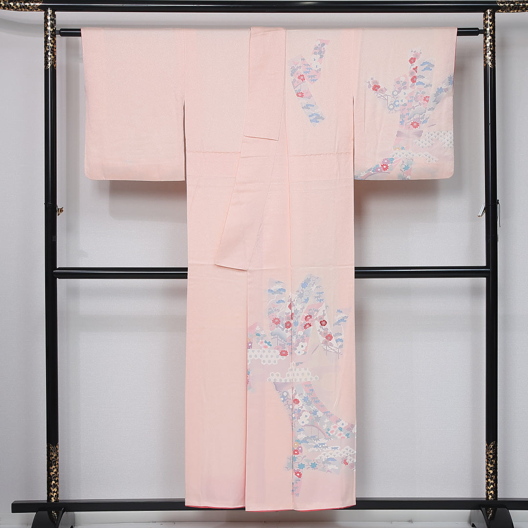 訪問着 袷 身丈152cm 裄丈63cm 正絹 Bランク セミフォーマル 広衿 Sサイズ 青海波 植物柄 光悦垣 ピンク系 RP 1217-12026