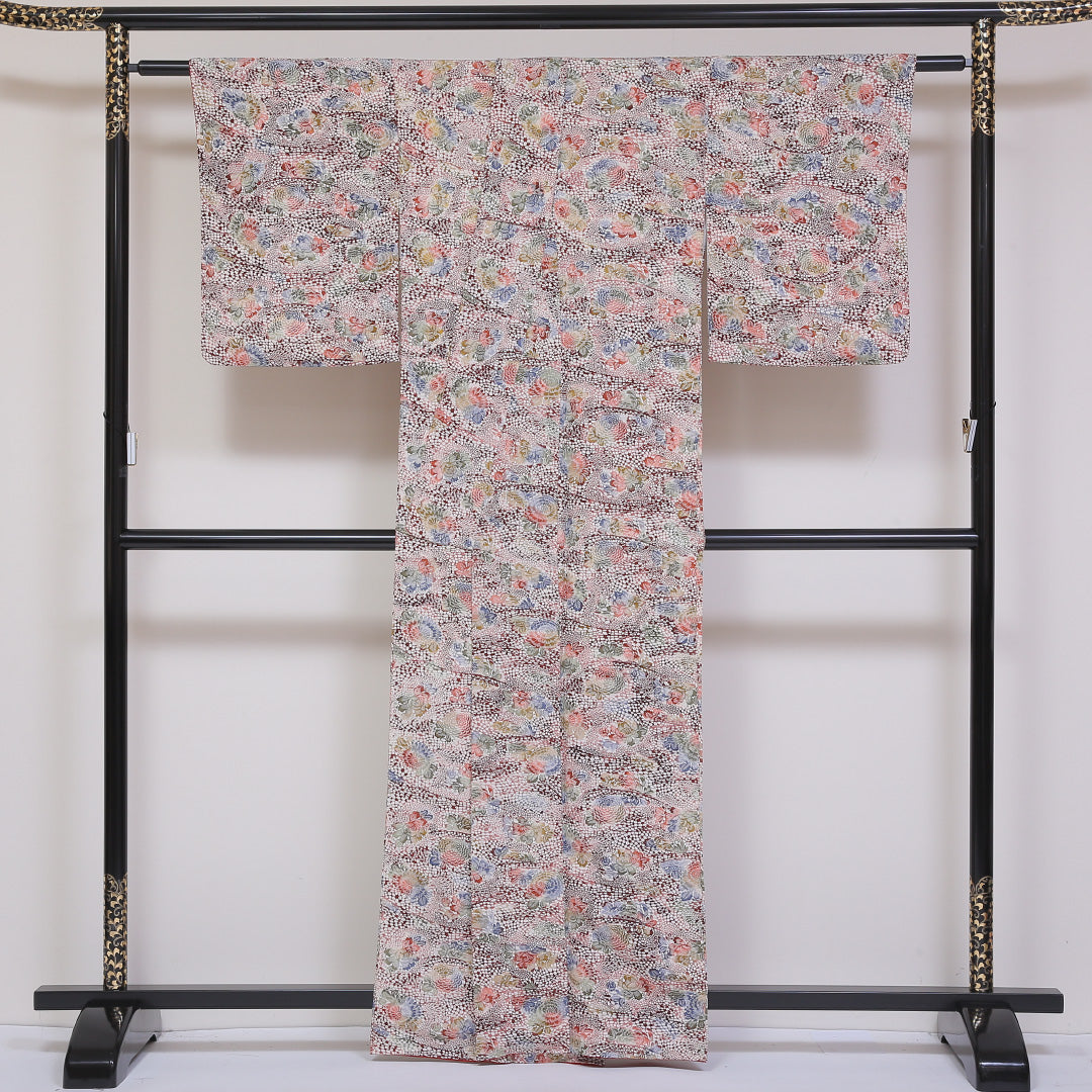小紋 袷 身丈162cm 裄65.5cm グラデーション系 型染め 牡丹 正絹 Sランク 1215-01797-2499