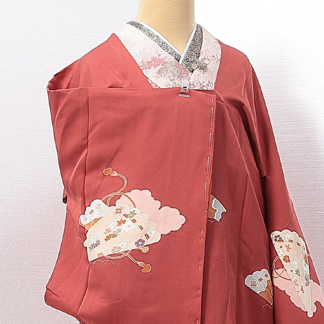 道行コート 袷 身丈89cm 裄丈65cm 正絹 Sランク カジュアル Mサイズ ポケットあり 扇 赤系 RP 1237-14632