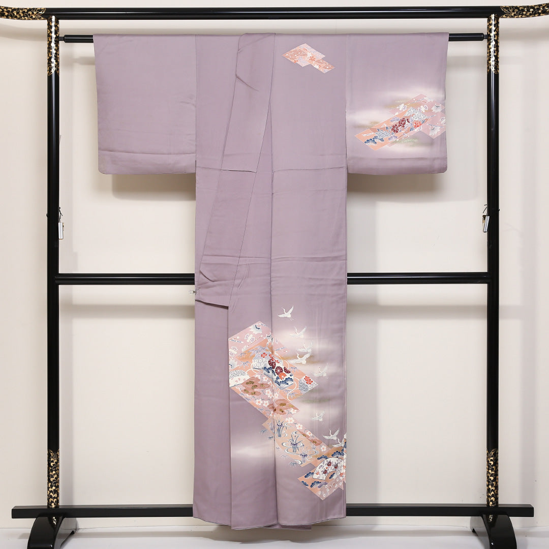 訪問着 袷 身丈154cm 裄丈63cm 正絹 Aランク セミフォーマル 広衿 Sサイズ ぼかし染 金彩 鶴 吉祥文様 紫系 RP 1217-04408