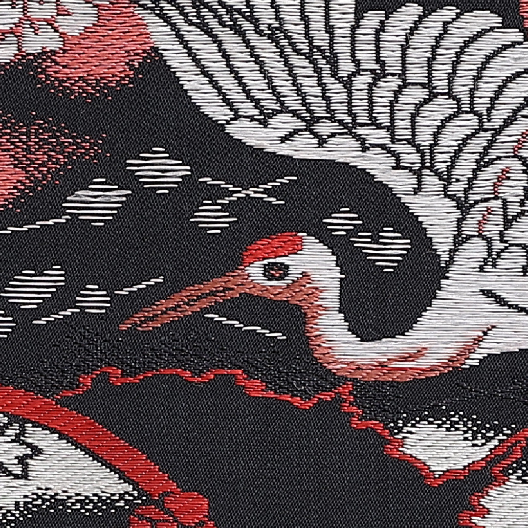名古屋帯 帯丈325cm 六通 名古屋仕立て Aランク セミフォーマル 鶴 梅 丸紋 松 正絹 黒系 1224-01242