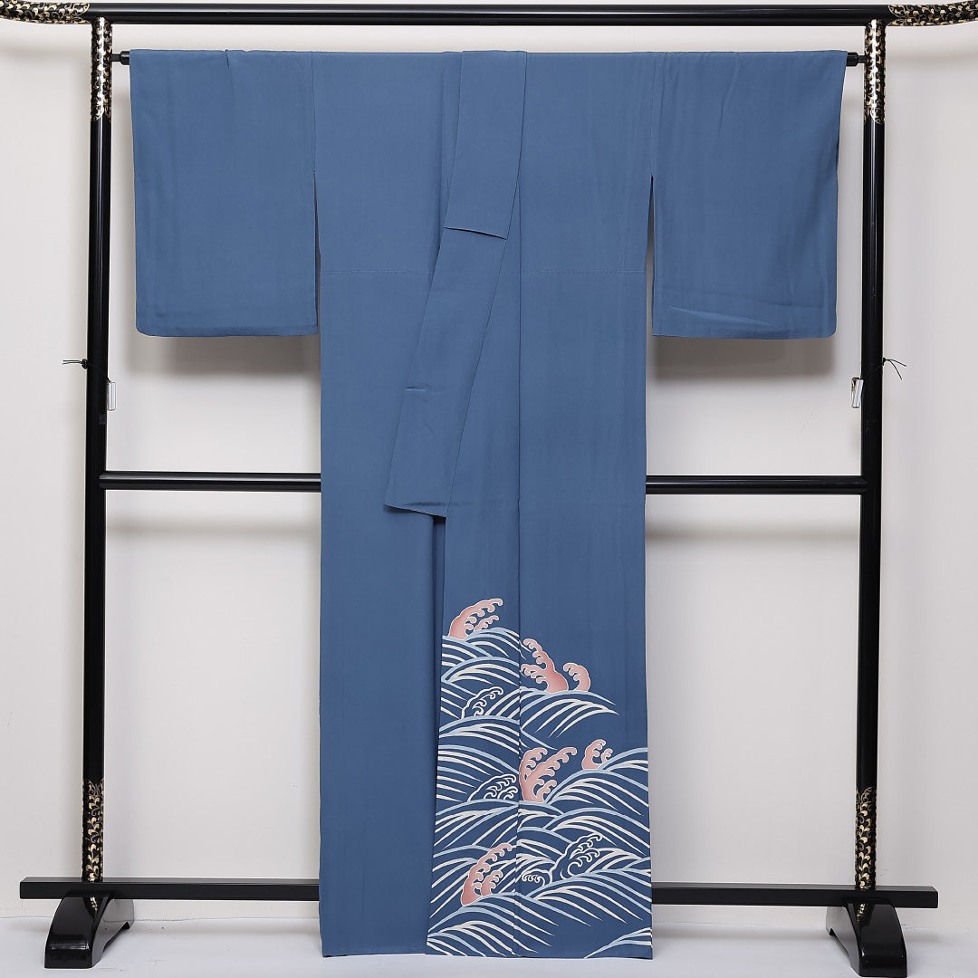 訪問着 単衣 身丈166cm 裄67cm 正絹 一つ紋 波頭 肩当て 居敷当て Cランク 1212-00707