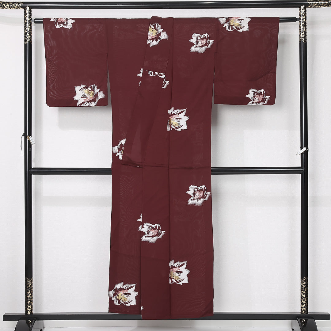 夏物 紬 絽 身丈148cm 裄丈62cm 正絹 Sランク カジュアル 広衿 XSサイズ 花柄 茶系 RP 1223-12463