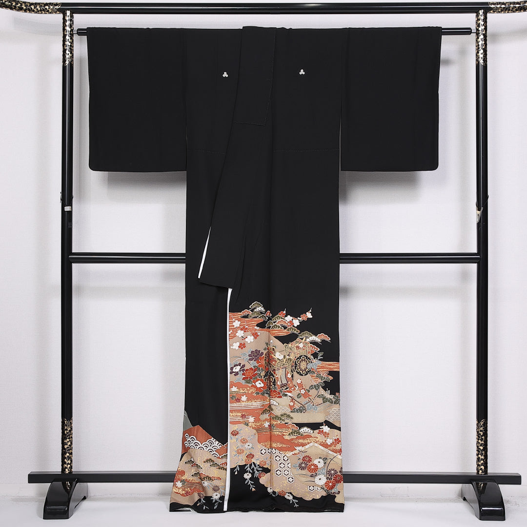 黒留袖 五つ紋 三つ柏 身丈165cm 裄丈64.5cm Sランク 正絹 袷 比翼 広衿 XL 吉祥文様 御所車 牡丹 フォーマル 黒系 1211-F0316
