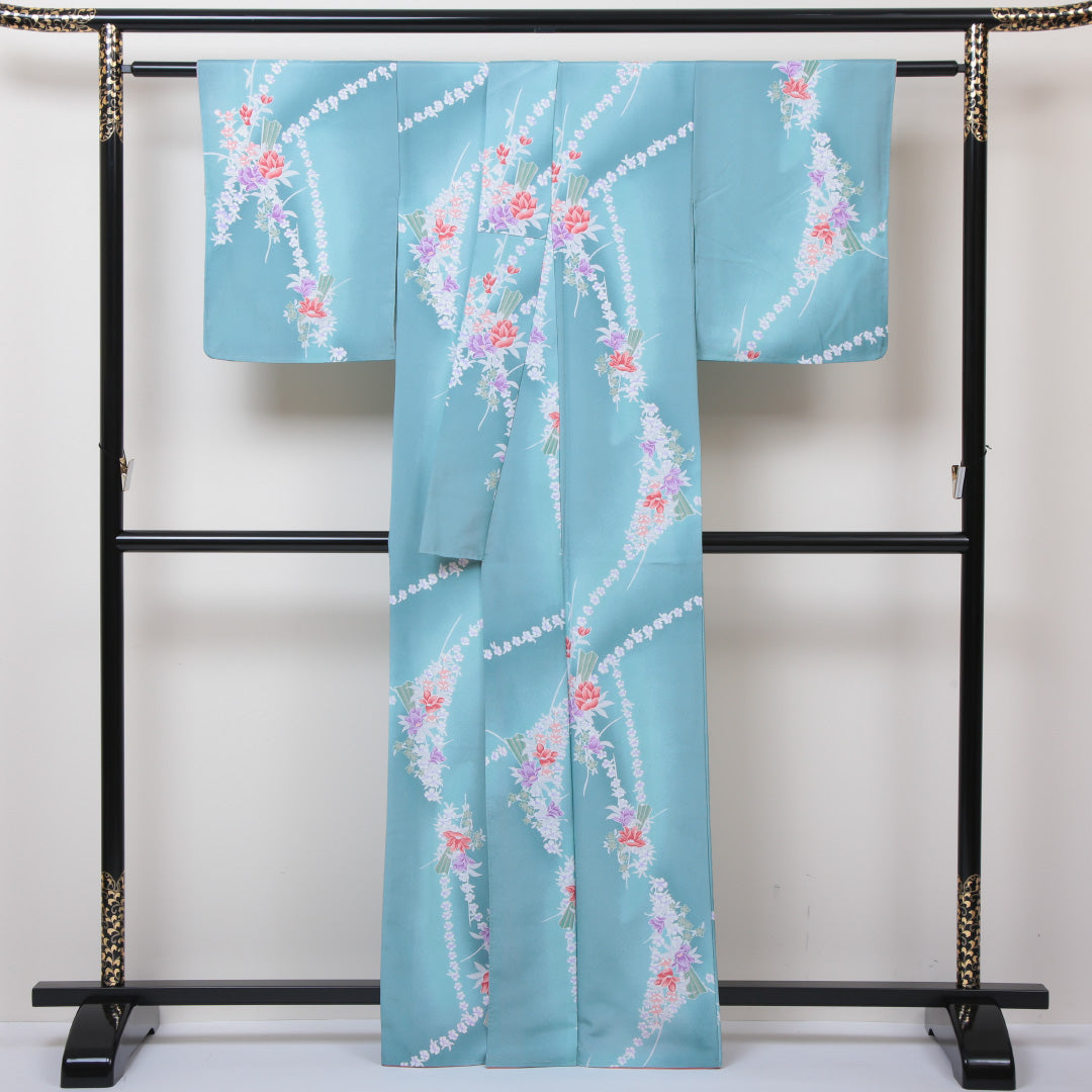 小紋 袷 身丈162cm 裄62cm 緑系 洗える着物 Sランク 1215011532419