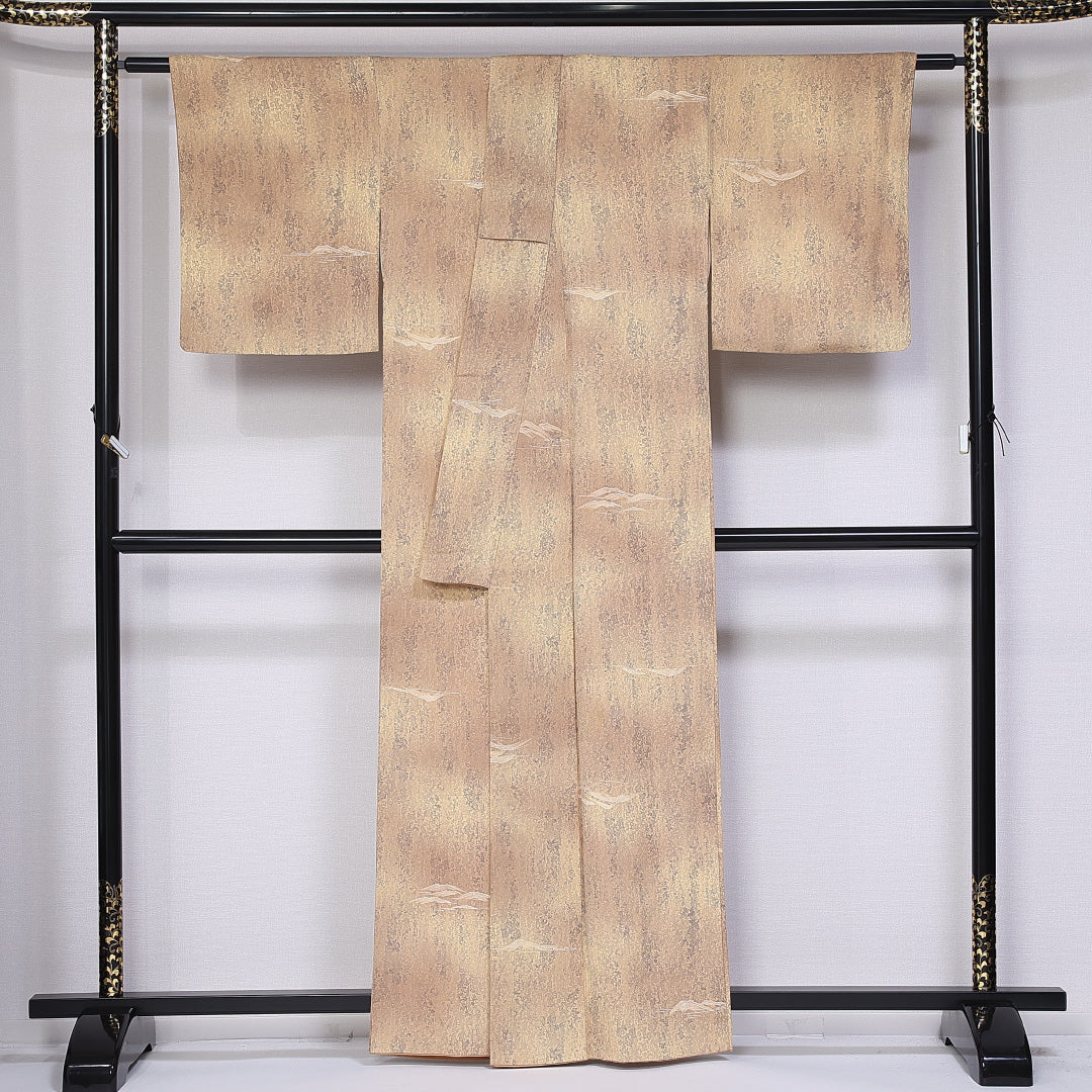 紬 袷 身丈160cm 裄丈64cm 正絹 Bランク カジュアル 広衿 Lサイズ 染め紬 創作柄 茶系 RP 1223-10901
