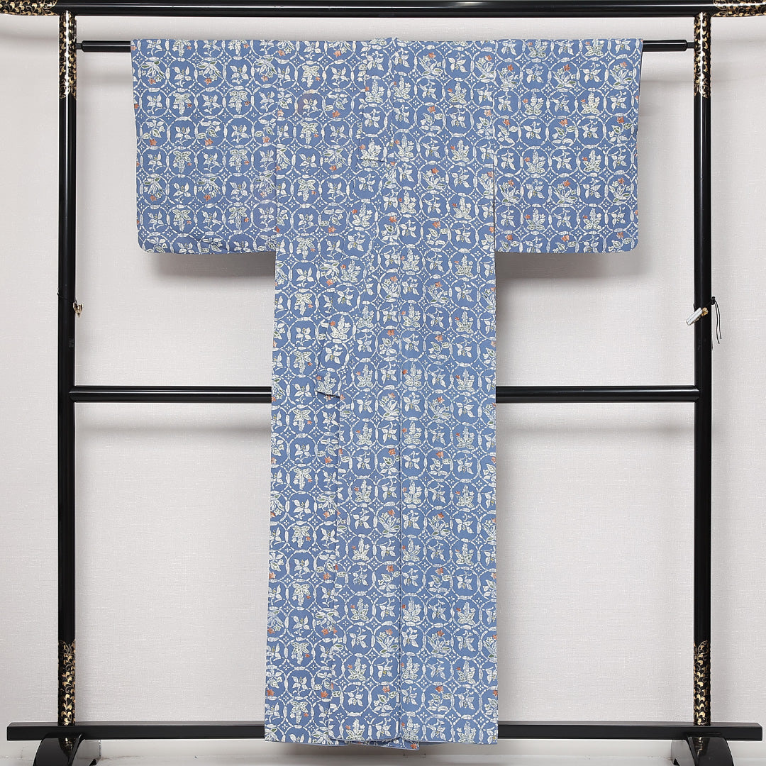 アンティーク 小紋 袷 身丈149cm 裄丈61cm 正絹 Aランク バチ衿 XSサイズ 丸文 水色系 RP 1221-13607
