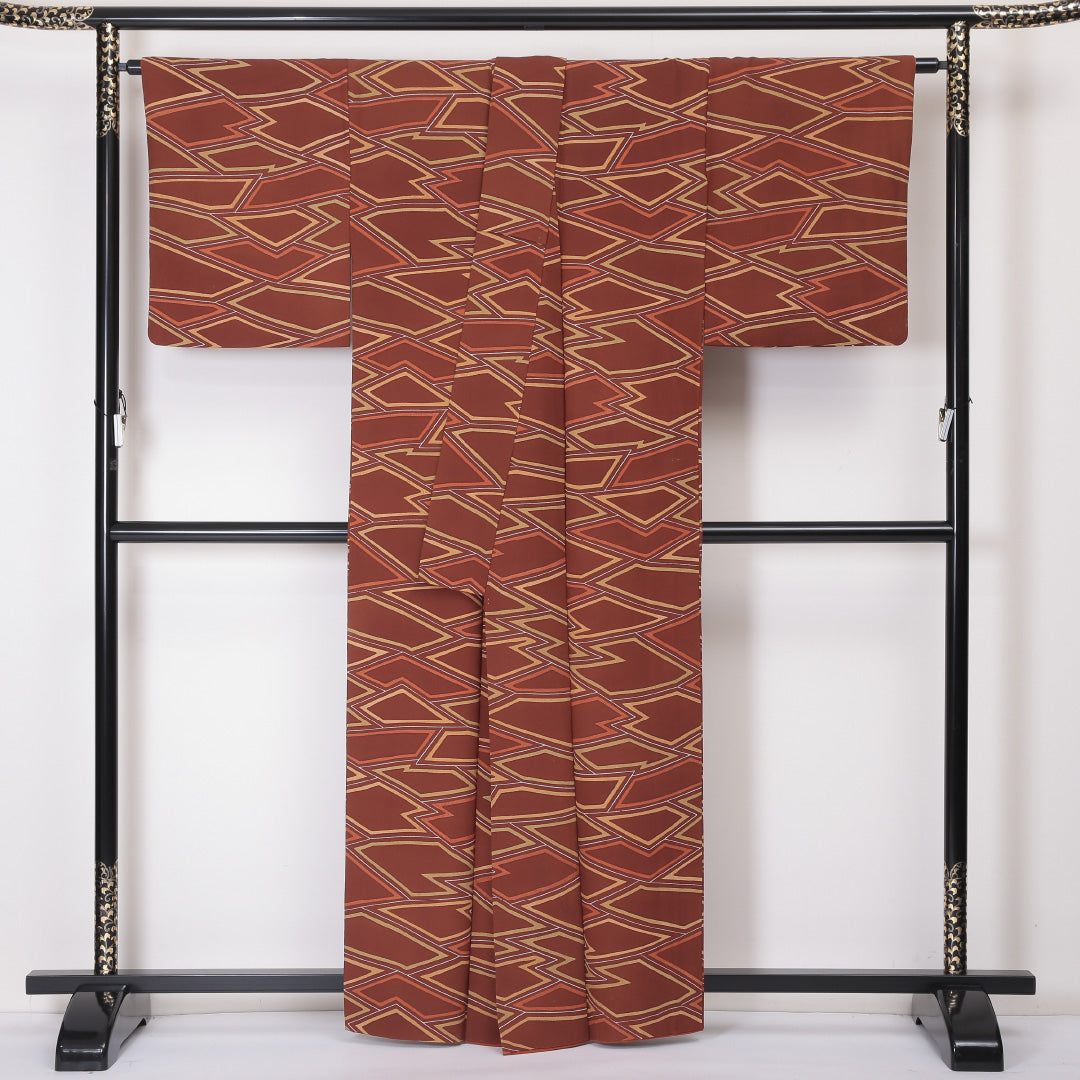 小紋 袷 身丈159cm 裄丈65cm 正絹 Aランク インフォーマル 広衿 Mサイズ 幾何学柄 茶系 RP 1221-02002