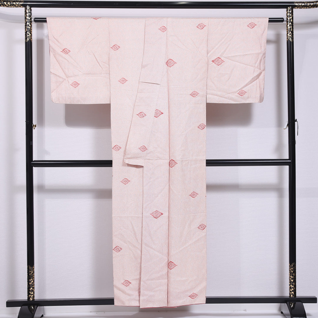 小紋 袷 身丈153cm 裄丈60cm 正絹 Sランク インフォーマル 広衿 Sサイズ 亀甲 ピンク系 RP 1221-11855