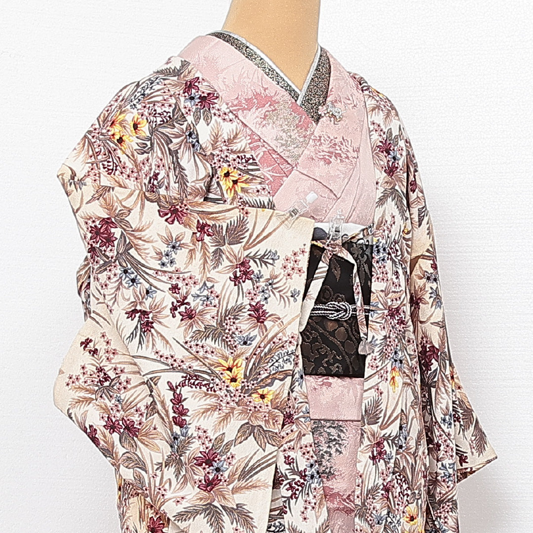 羽織 袷 身丈73cm 裄丈63cm 正絹 Cランク カジュアル Sサイズ 紐あり 植物柄 クリーム系 HP 1232-13727