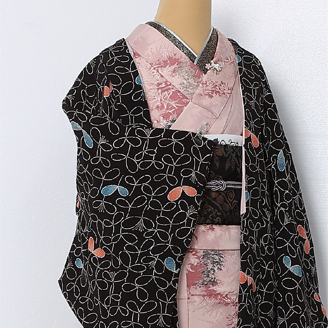 黒羽織 袷 身丈74cm 裄丈63cm 正絹 Aランク インフォーマル Sサイズ 植物柄 黒系 RP 1233-12806