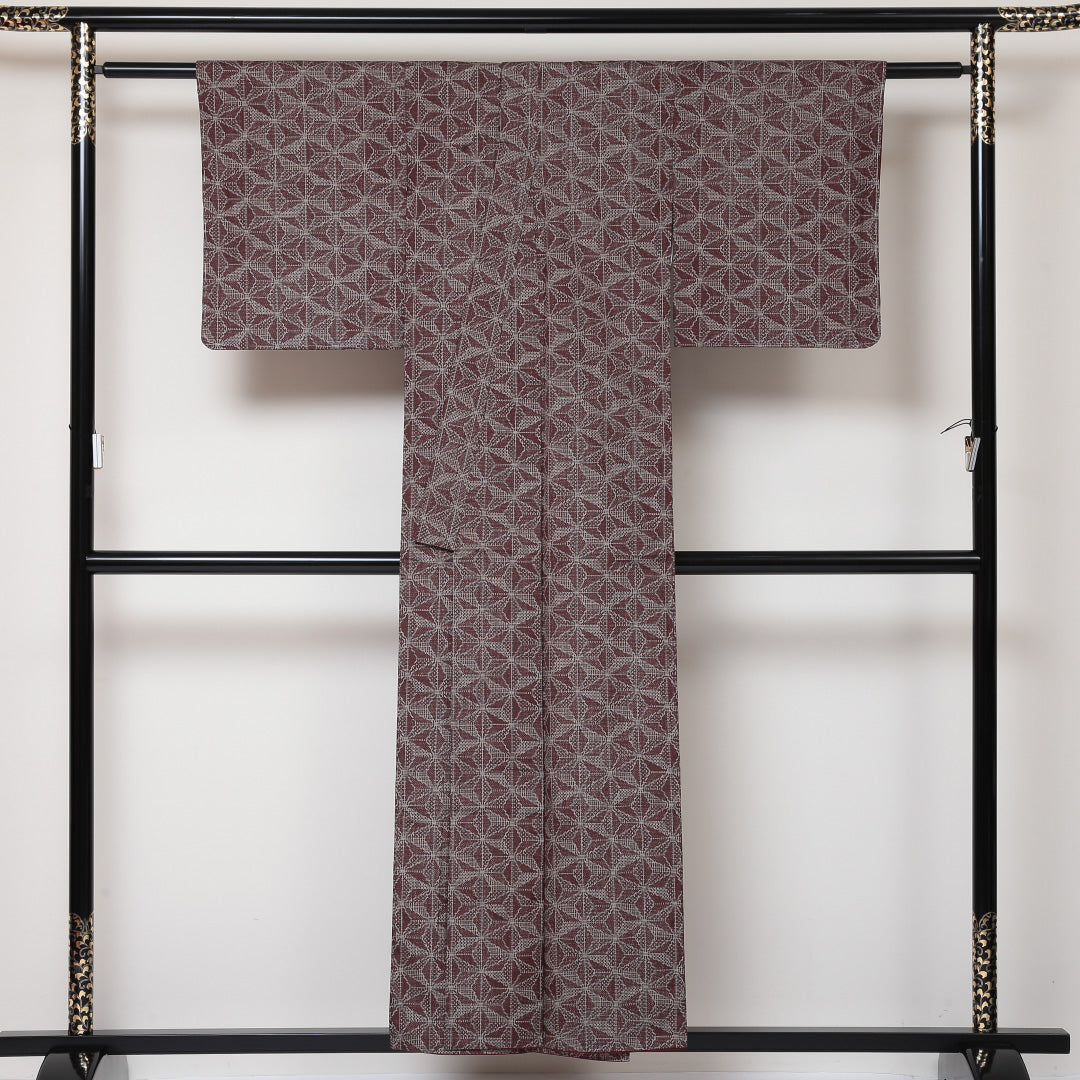 紬 袷 身丈152cm 裄63cm 正絹 赤系 Sランク 麻の葉 1216-00596-2212 1216-00596