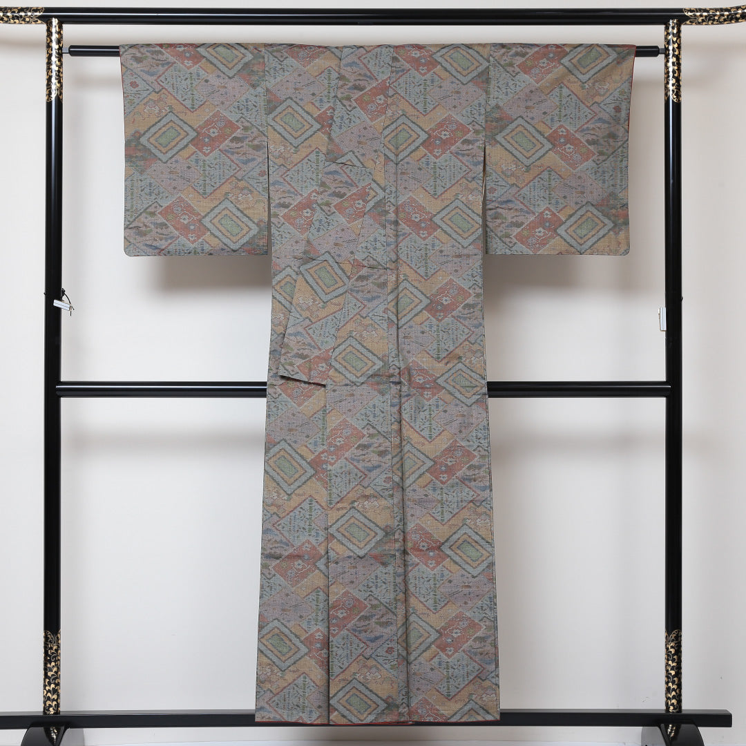 大島紬 袷 身丈153cm 裄62.5cm 正絹 グレー系 Aランク 1216-00552