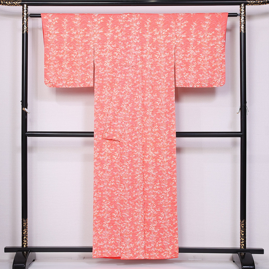 小紋 袷 身丈157cm 裄丈64cm 正絹 Sランク インフォーマル 広衿 Mサイズ 菊 ピンク系 RP 1221-10899