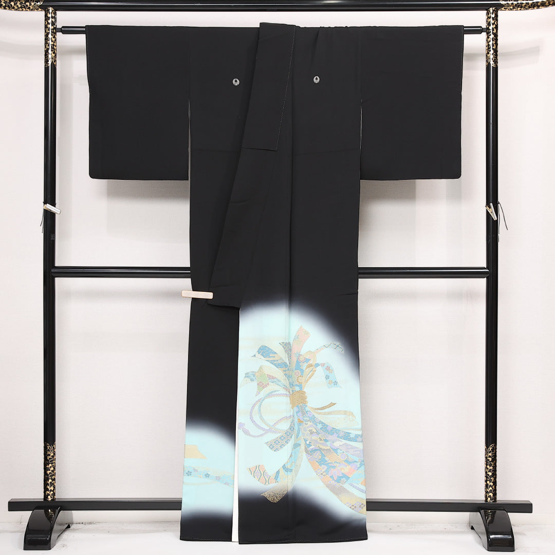 黒留袖 五つ紋 上り藤 身丈163cm 裄丈65.5cm Aランク 正絹 袷 比翼 広衿 L 熨斗 フォーマル 古典的 清楚 黒系 1211-F0585
