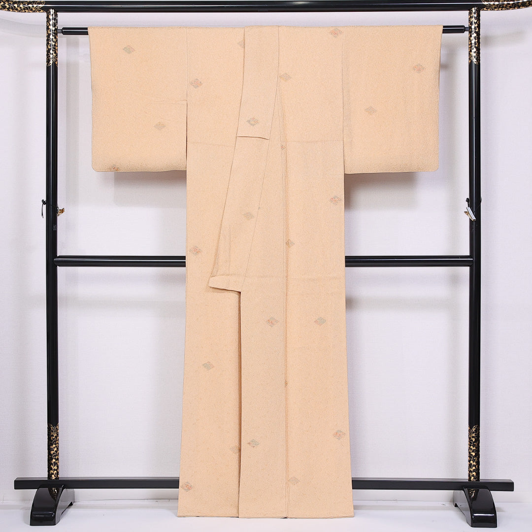 小紋 袷 身丈164cm 裄丈62cm 正絹 Sランク インフォーマル 広衿 Lサイズ 刺繍 汕頭刺繍 ガード加工 青海波 クリーム系 RP 1221-11335