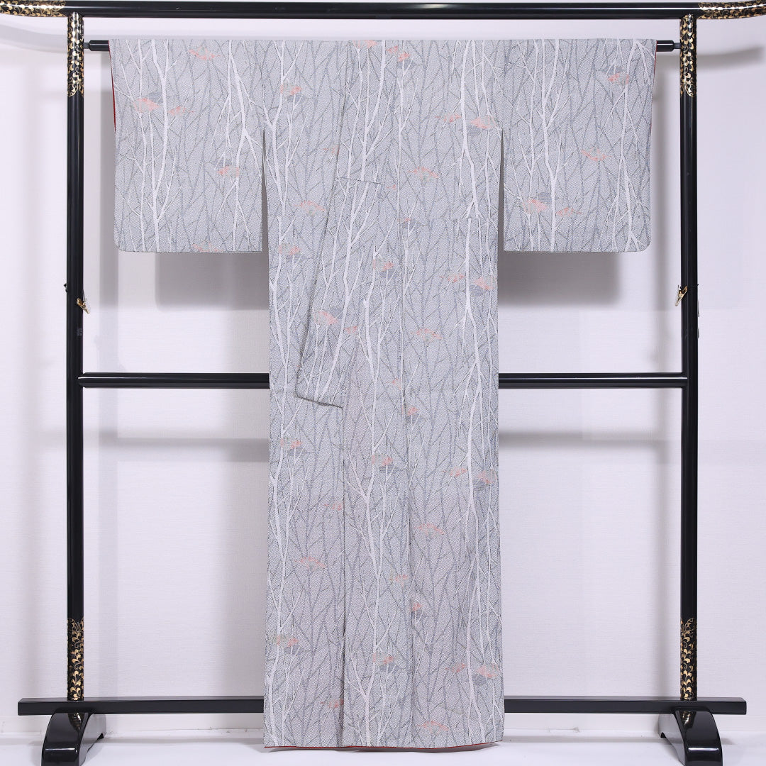 小紋 袷 身丈159cm 裄丈66cm 正絹 Cランク インフォーマル 広衿 Mサイズ 植物柄 グレー系 LP 1221-11750