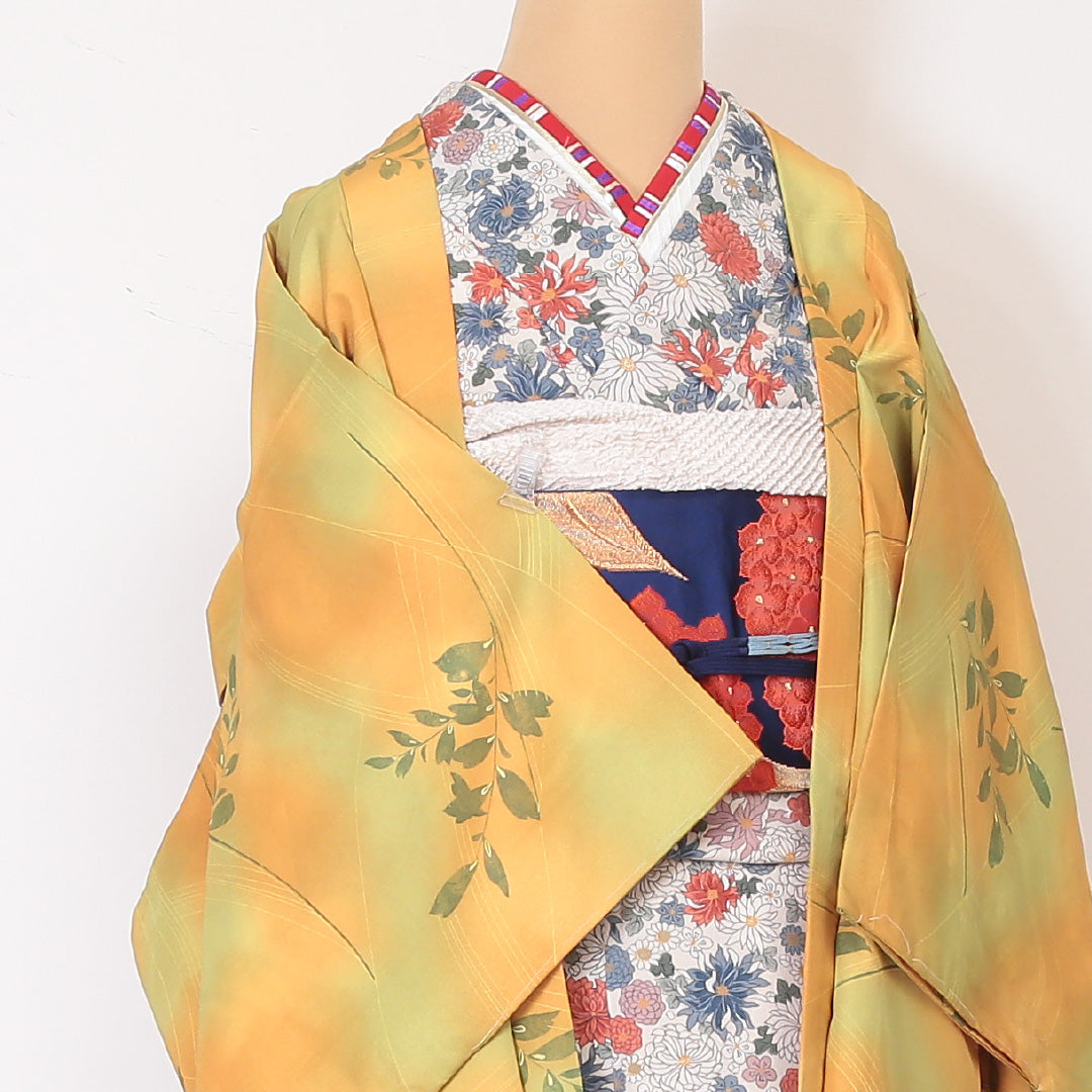 羽織 身丈81cm 裄丈65cm M 洗える着物 ポリエステル ぼかし 草花 黄系 Sランク 1217-00454