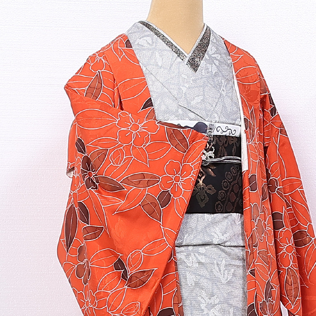 羽織 袷 身丈75cm 裄丈63cm 正絹 Sランク カジュアル Sサイズ 牡丹 朱系 RP 1232-11097