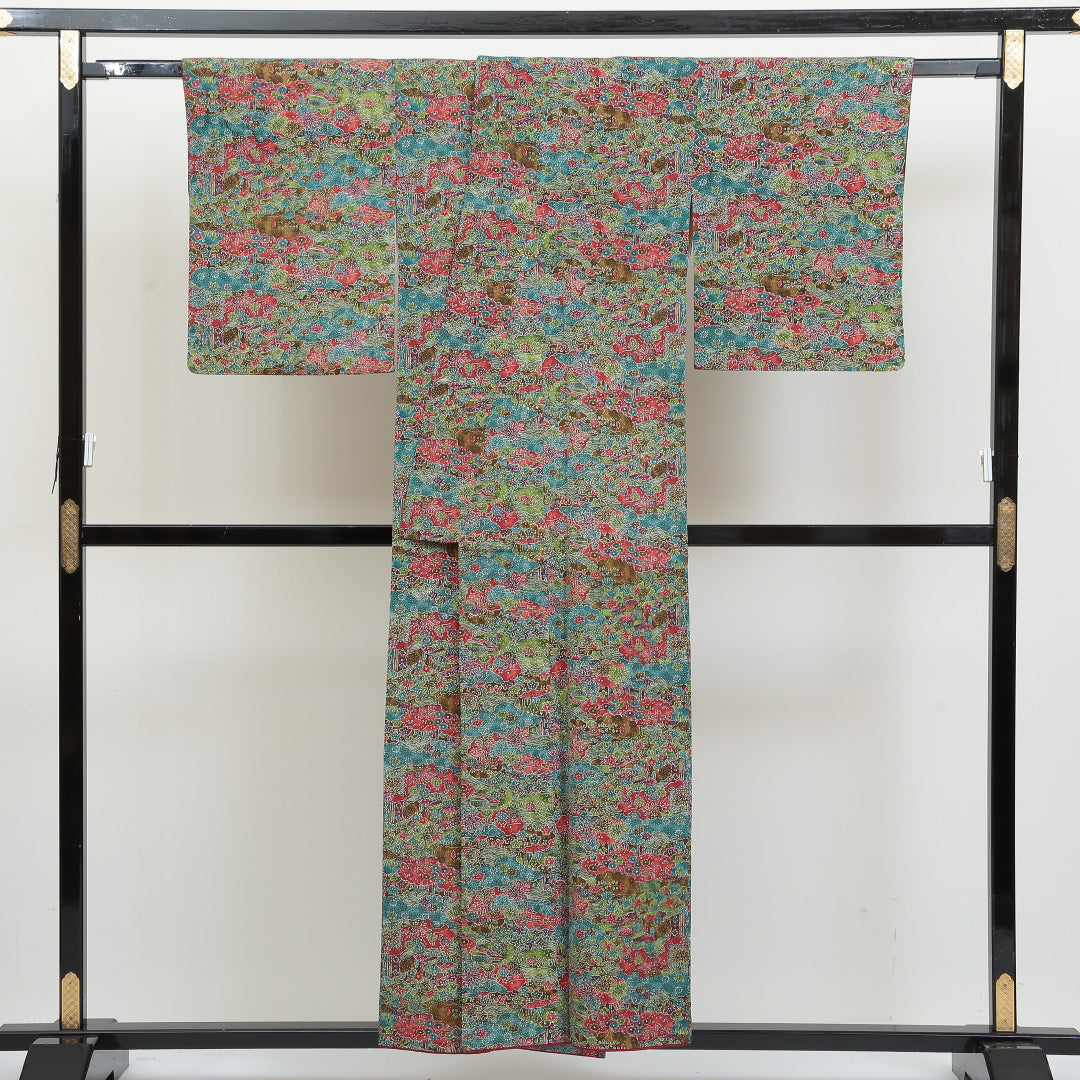 小紋 ちりめん 袷 身丈154cm 裄67cm グラデーション系 四季草花 花柄 植物柄 正絹 Aランク 通年柄 1215009763299