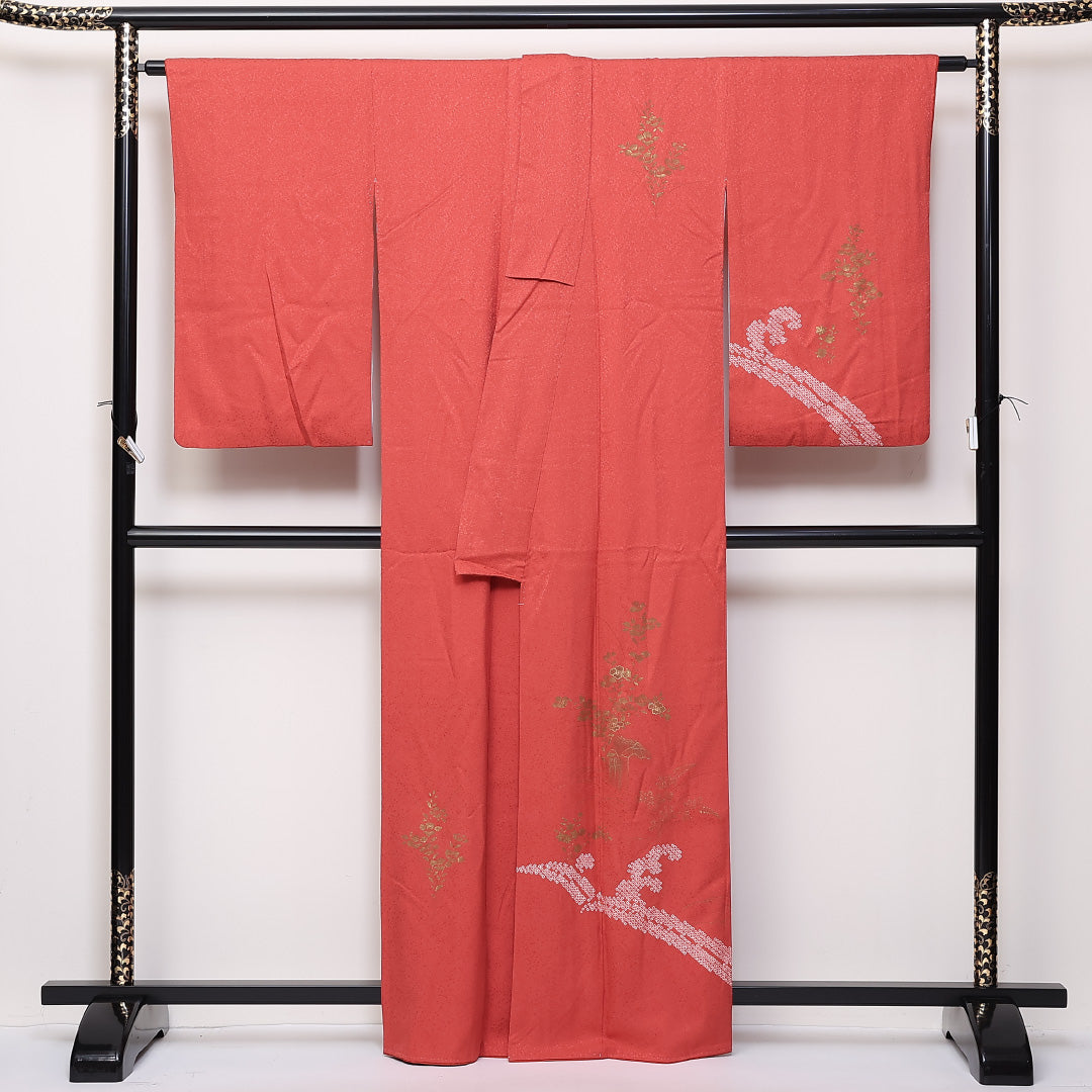 アンティーク 訪問着 袷 身丈160cm 裄64cm 正絹 金彩 鹿の子柄 桔梗 Sランク 1212-00724