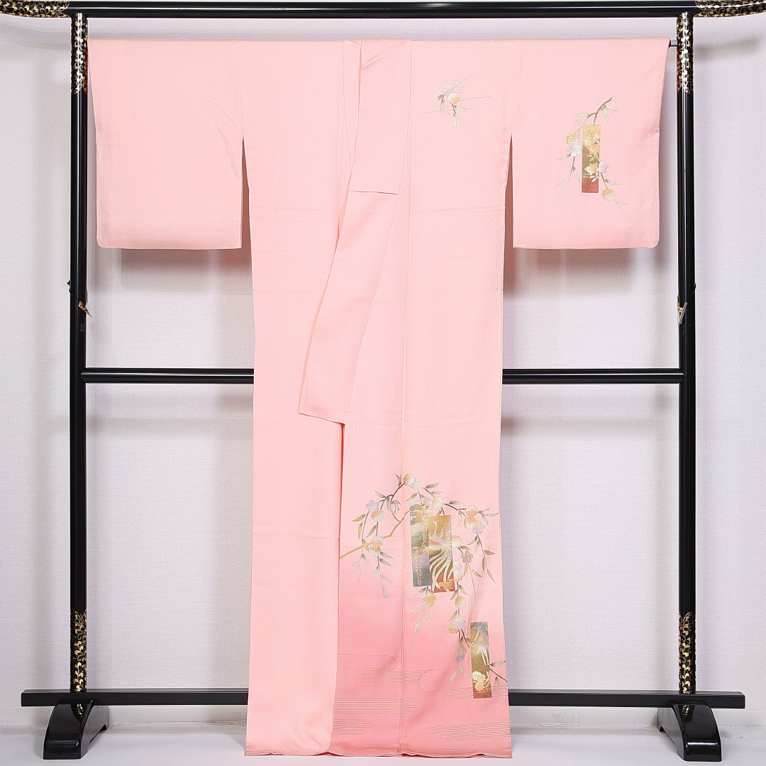 訪問着 袷 身丈170cm 裄丈67cm 正絹 Sランク セミフォーマル 広衿 2XLサイズ ぼかし染 金箔 尾長鳥 梅 ピンク系 RP 1217-10423