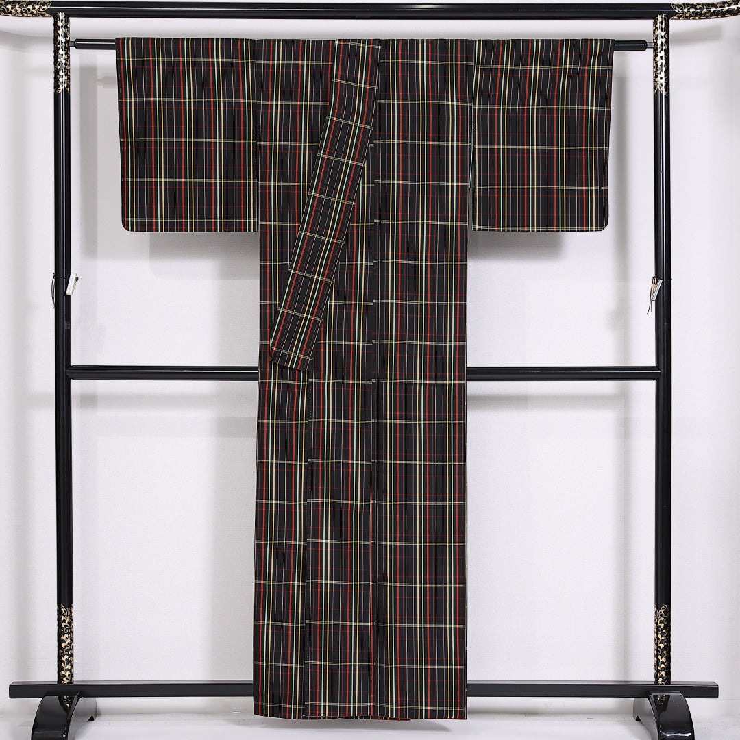 アンサンブル 大島紬 袷 身丈157cm 裄61.5cm 正絹 格子 道中着 黒系 Sランク 1216-01476