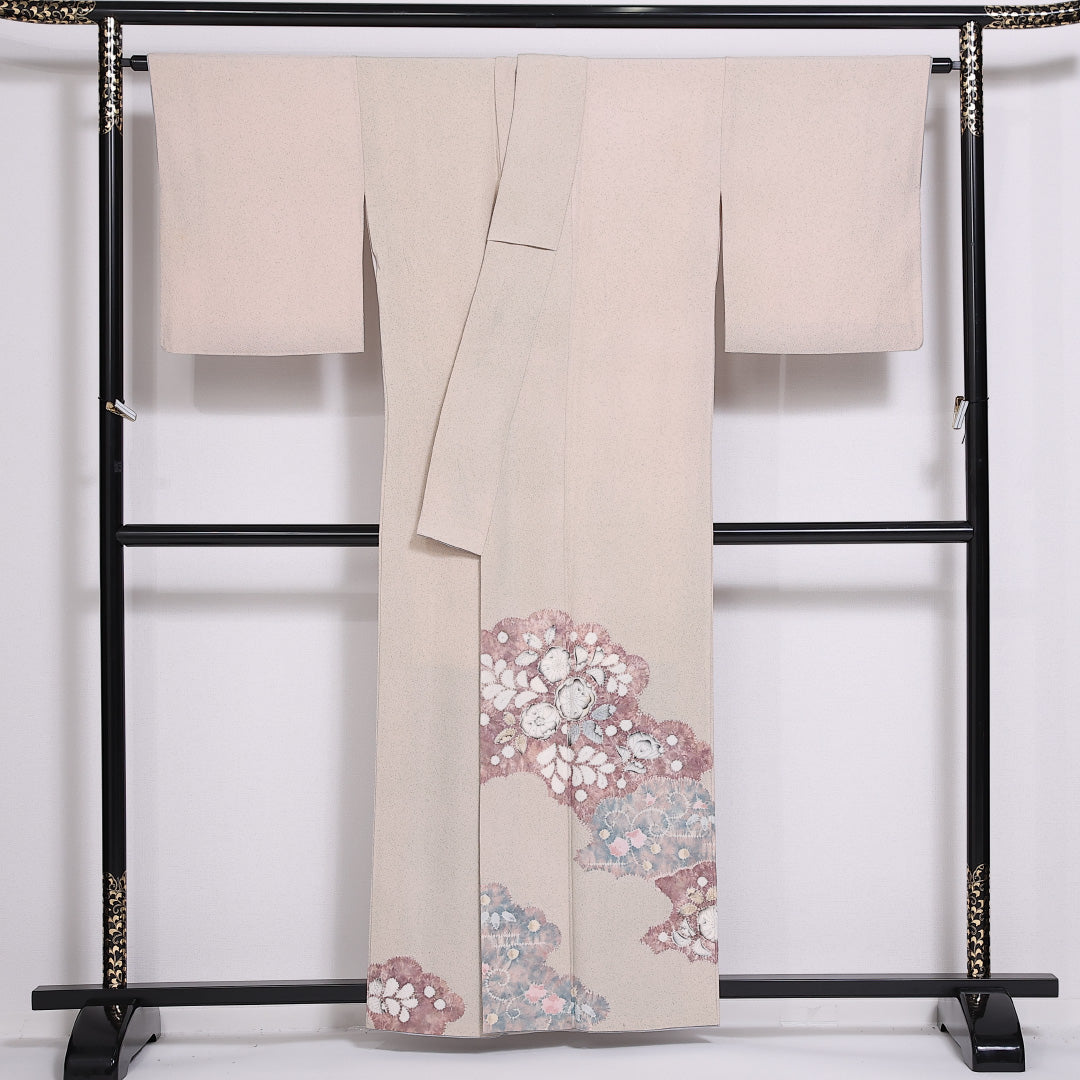訪問着 袷 身丈157cm 裄63cm 正絹 部分絞り 手描き ちりめん Bランク 1212-00835