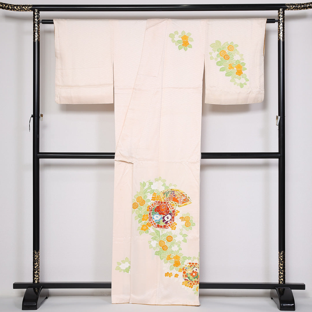 訪問着 袷 身丈163cm 裄丈65cm 正絹 Cランク セミフォーマル 広衿 Lサイズ 牡丹 吉祥文様 ピンク系 HP 1217-04769