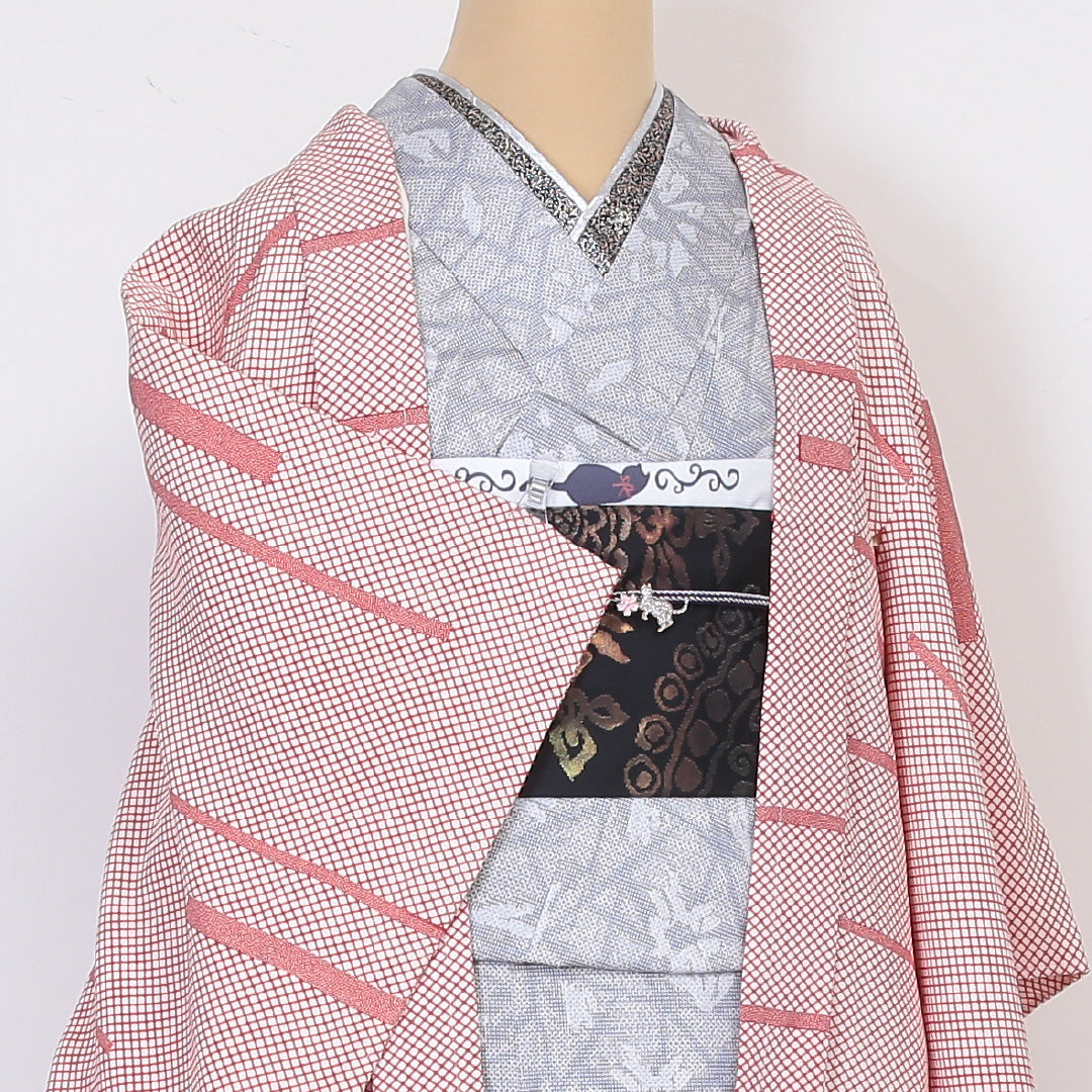 羽織 身丈72cm 裄丈62cm S 正絹 菱形 レトロ 白系 Bランク 1217-00502