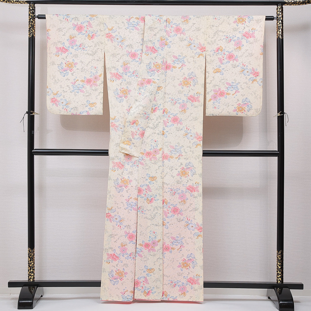 小紋 洗える着物 袷 身丈161cm 裄丈64cm ポリエステル Cランク Lサイズ 広衿 インフォーマル 花柄 クリーム系 1215-15637