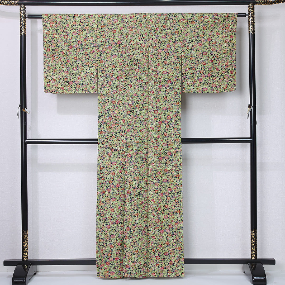 小紋 身丈161cm 裄丈62.5cm Sランク L 正絹 単衣 広衿 唐華 カジュアル 緑系 1215-12221