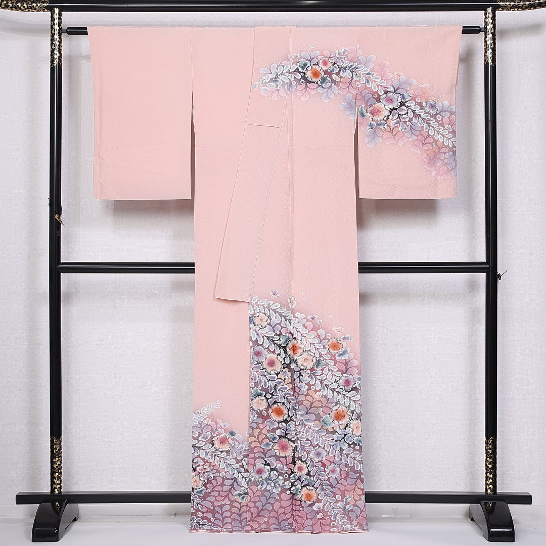 訪問着 袷 身丈167cm 裄丈62cm 正絹 Sランク セミフォーマル 広衿 XLサイズ 辻が花 ピンク系 PO 1217-10711