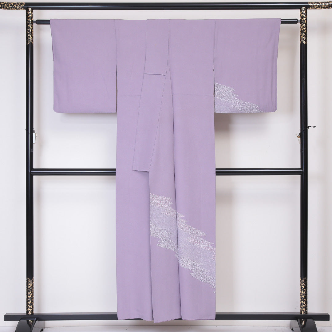 訪問着 袷 身丈153cm 裄丈64cm 正絹 Bランク セミフォーマル 広衿 Sサイズ 落款 花柄 鮫 紫系 RP 1217-04557