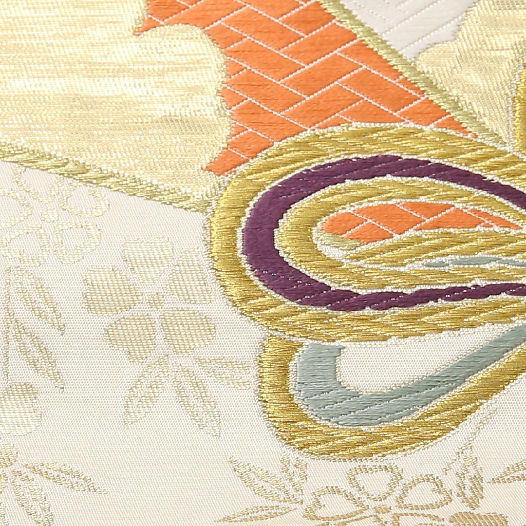 袋帯 帯丈442cm 正絹 六通 フォーマル 熨斗 組紐 クリーム系 金系 1243-01693