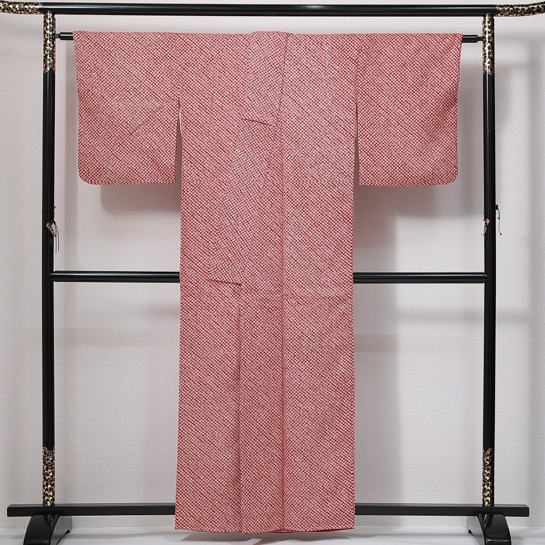 小紋 袷 身丈154cm 裄丈62cm 正絹 Sランク Sサイズ 広衿 インフォーマル 鹿の子柄 赤系 1215-15007