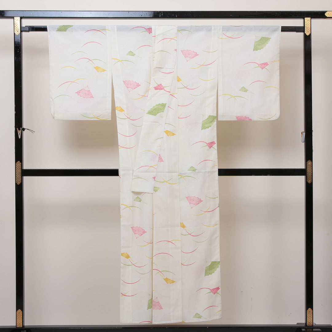 小紋 絽 身丈147cm 裄62.5cm クリーム系 洗える着物 Sランク 夏着物 1215011122115