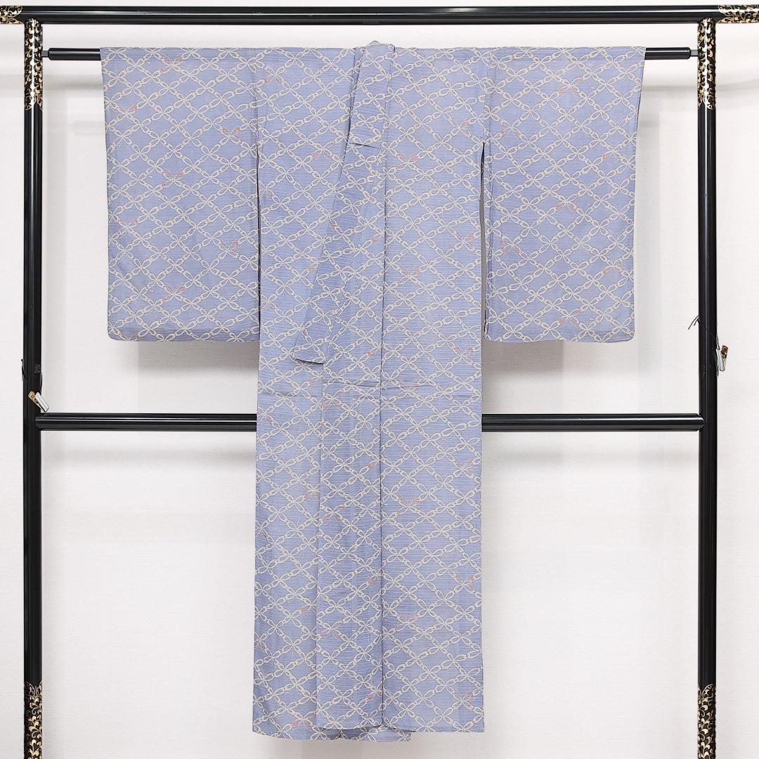 アンティーク 夏物 小紋 絽 身丈143cm 裄丈62cm 正絹 Aランク バチ衿 XSサイズ 菱 水色系 RP 1221-13346