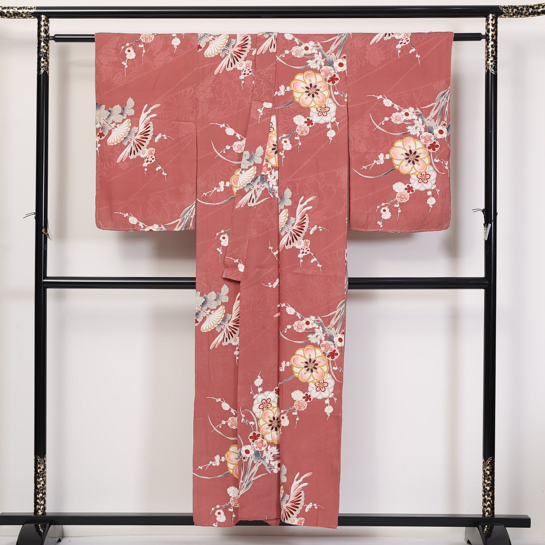 アンティーク 小紋 袷 身丈154cm 裄62.5cm 正絹 梅や菊 ピンク系 Cランク 1215-02299