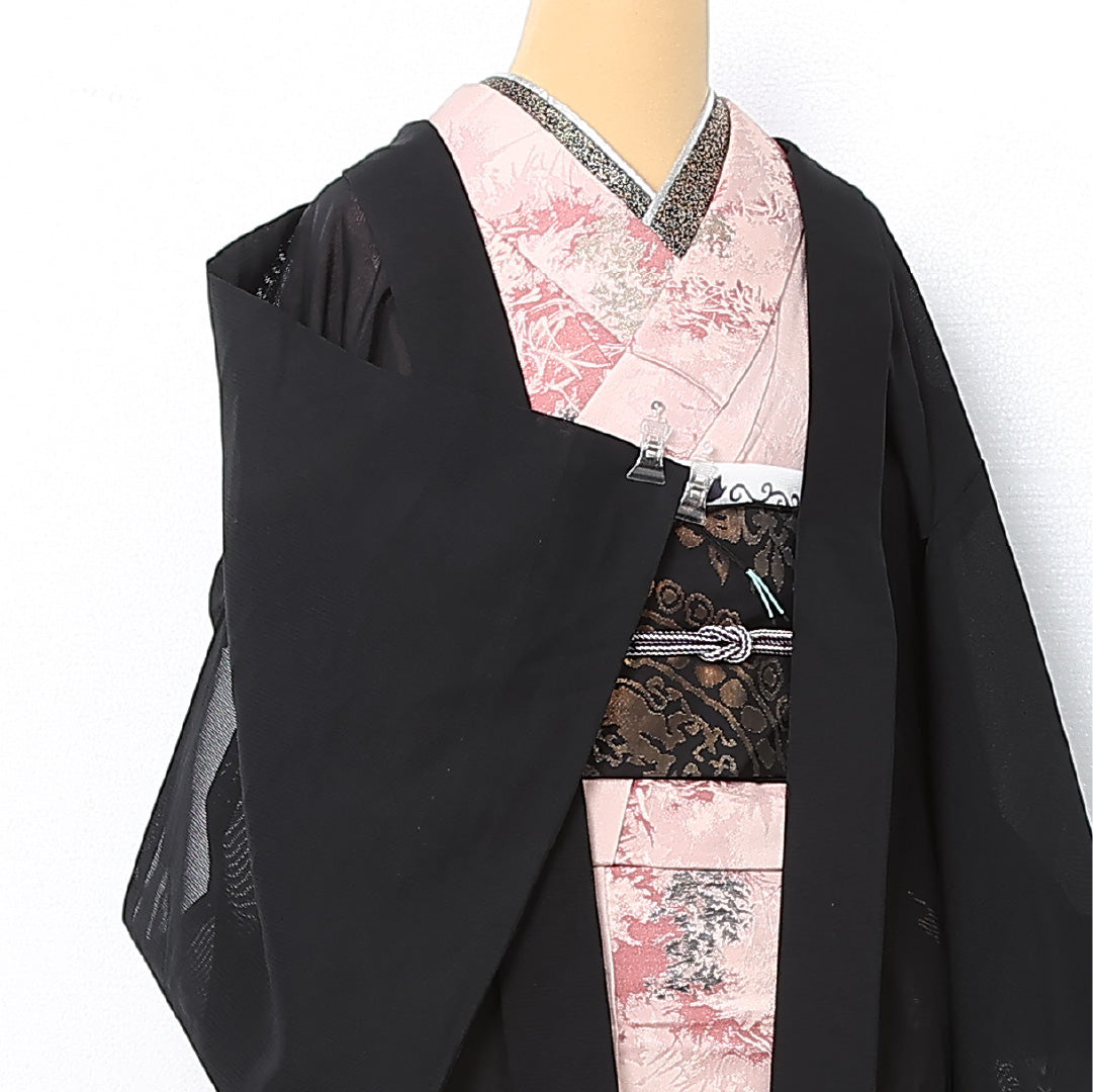 夏物 黒羽織 絽 身丈79cm 裄丈64cm 正絹 Sランク インフォーマル Mサイズ もじり織 紐あり 菖蒲 黒系 RP 1233-12735