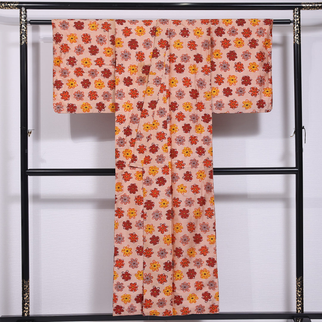 アンティーク 銘仙の着物 袷 身丈151cm 裄丈62cm 正絹 Cランク バチ衿 Sサイズ 花柄 朱系 RP 1223-11860
