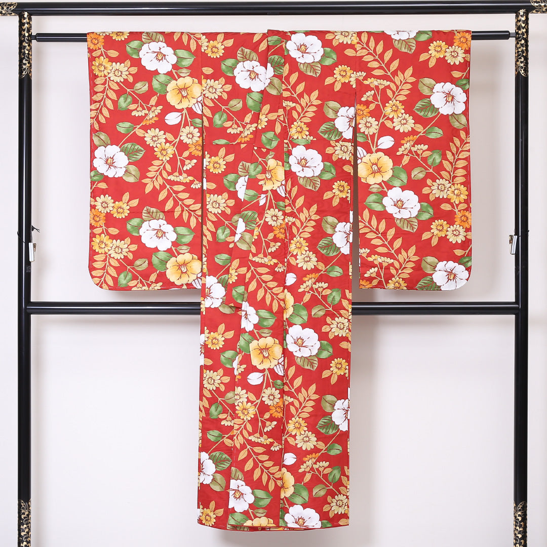 小紋 袷 身丈141cm 裄丈59cm 正絹 Sランク インフォーマル バチ衿 XSサイズ 椿 赤系 RP 1221-01967