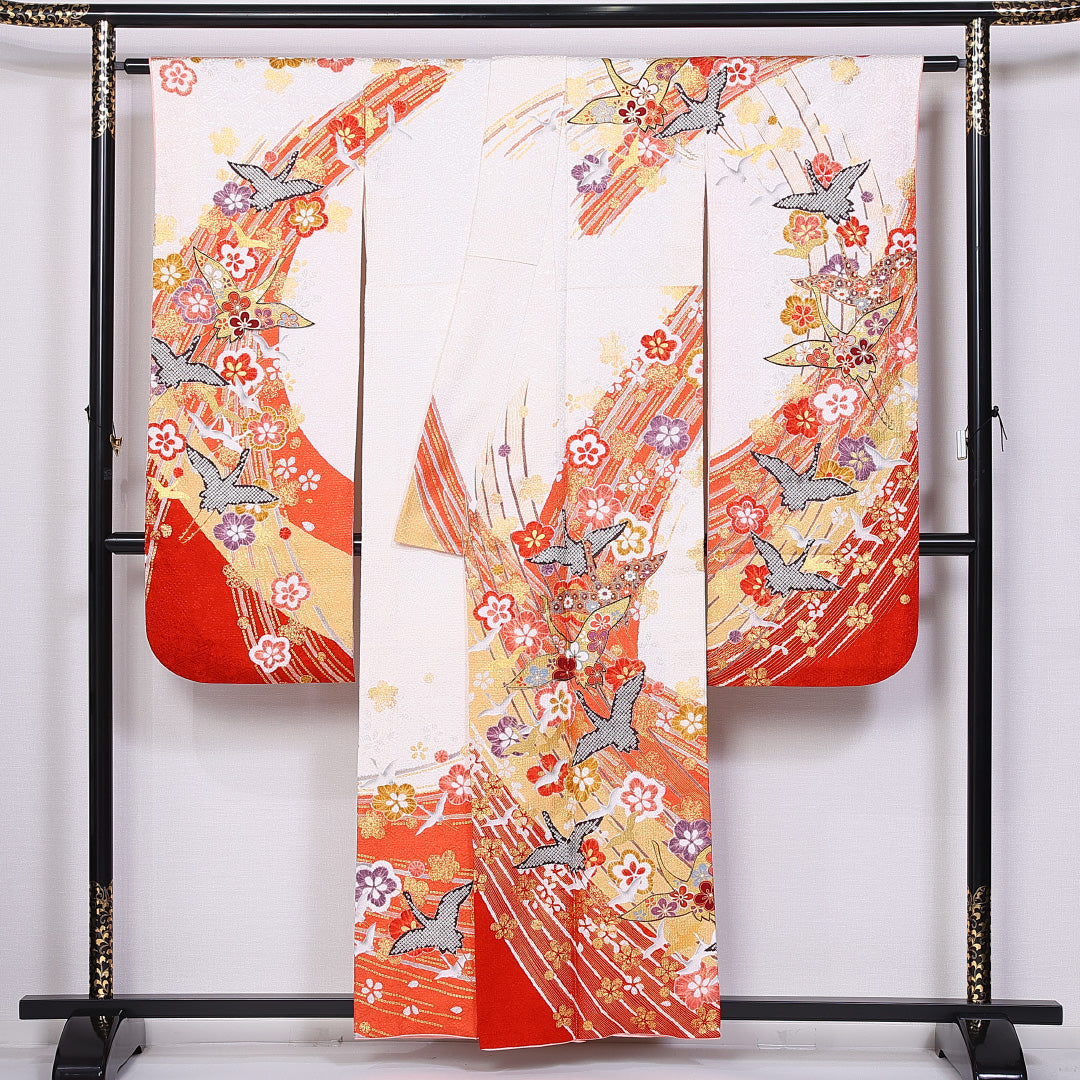 振袖 身丈154cm 裄丈63cm 袷 正絹 Sランク 広衿 梅 鶴 金糸 1213-F0381