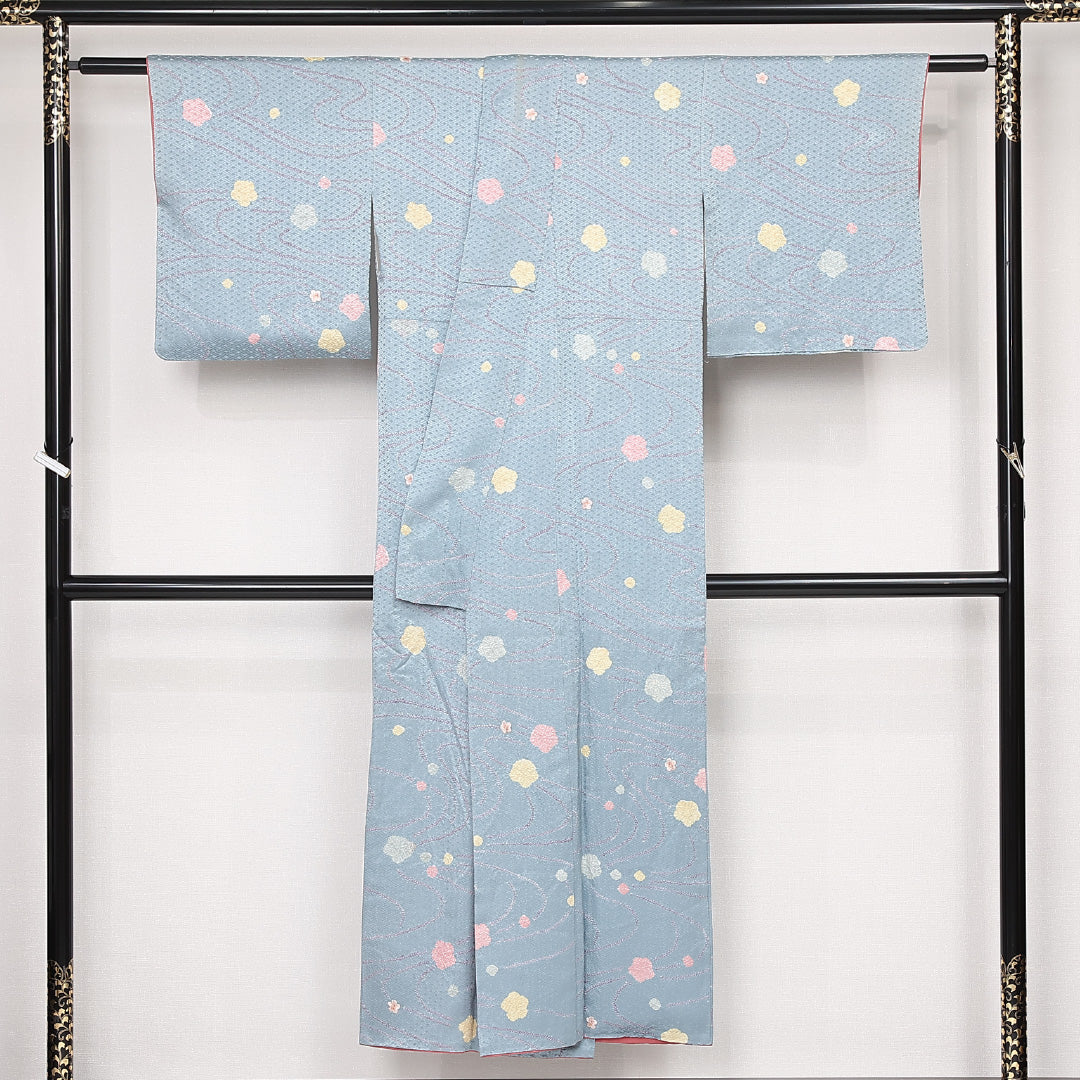 小紋 袷 身丈146cm 裄丈62cm 正絹 Bランク インフォーマル 広衿 XSサイズ 刺繍 流水 桜 桜 水色系 RP 1221-13115