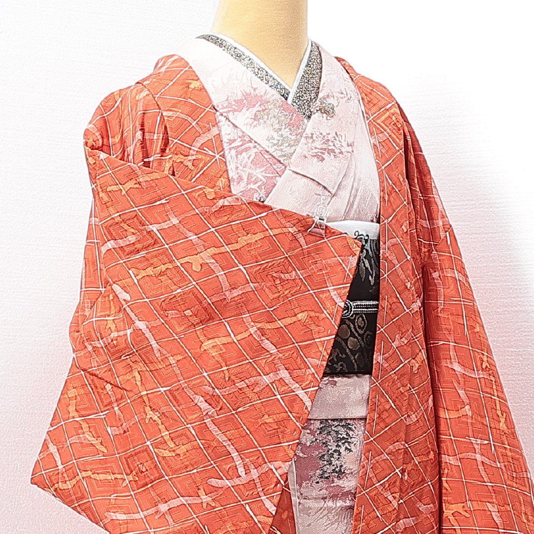 羽織 袷 身丈82cm 裄丈65cm 正絹 Sランク カジュアル Mサイズ 菱 朱系 RP 1232-14653