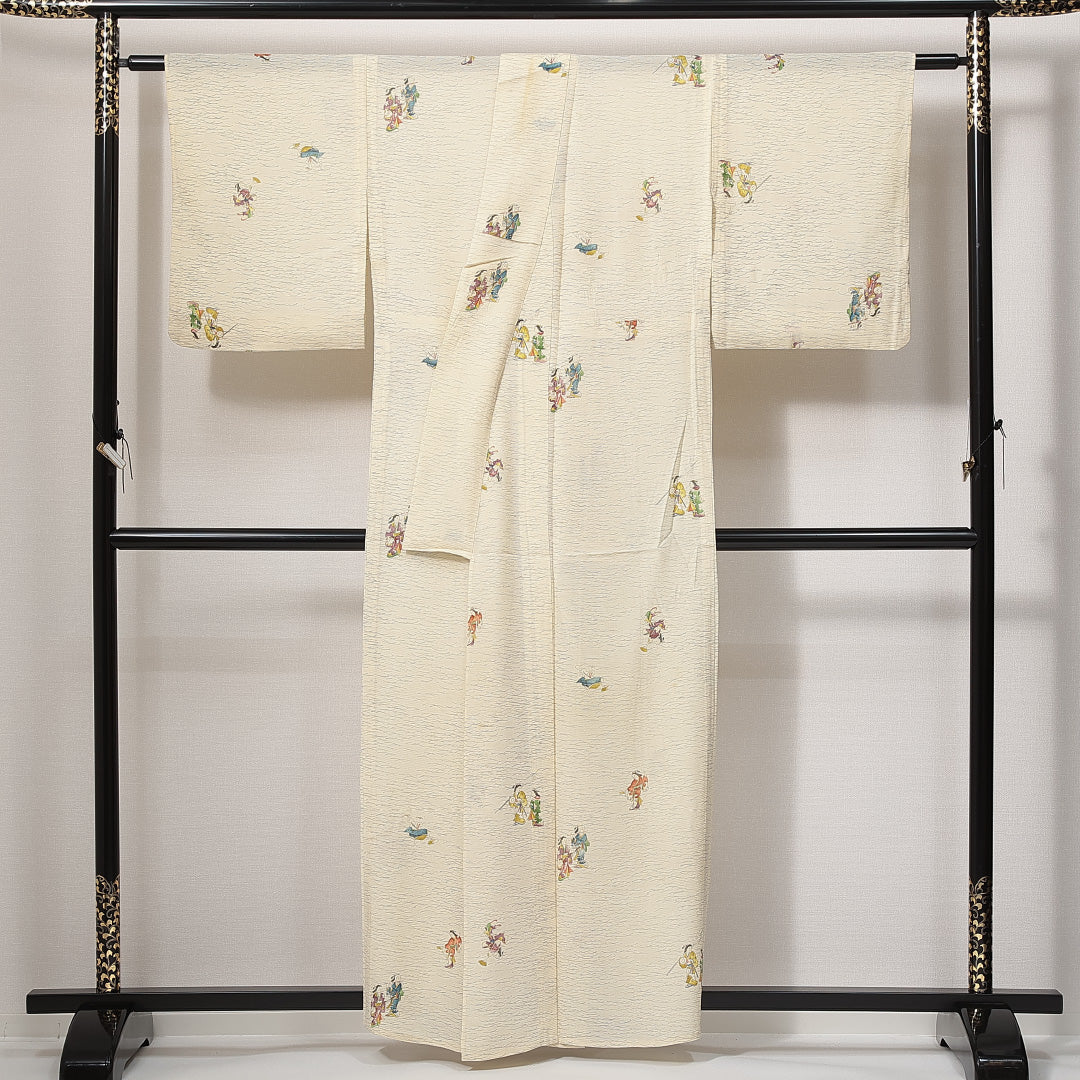 小紋 夏物 絽 身丈156cm 裄丈64cm 正絹 Cランク Mサイズ 広衿 インフォーマル 人物 ベージュ系 1215-14937