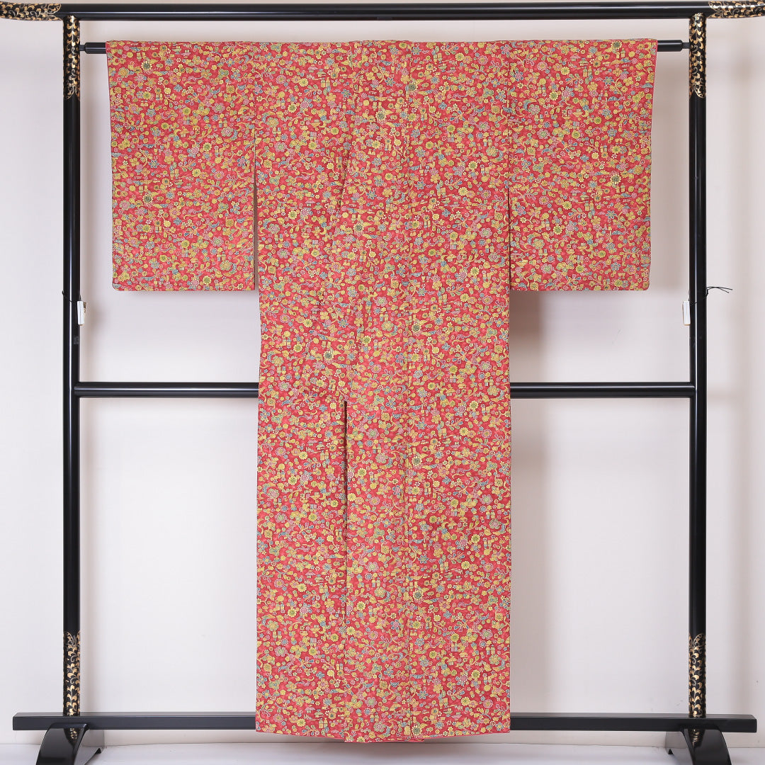 小紋 袷 身丈154cm 裄丈62cm 正絹 Sランク インフォーマル 広衿 Sサイズ 花柄 赤系 RP 1221-02026
