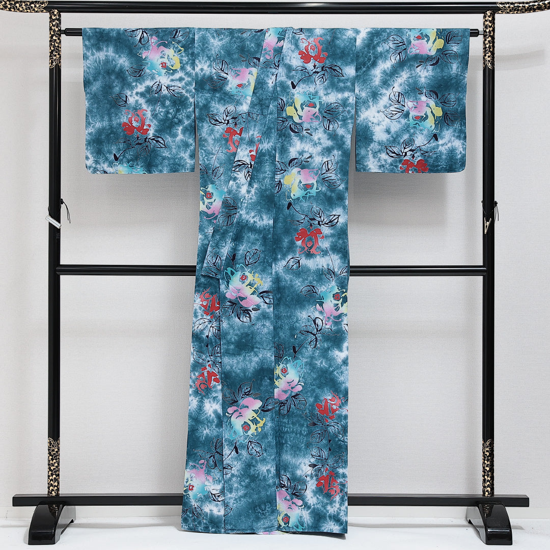 浴衣 夏物 洗える着物 身丈159cm 裄丈65cm Aランク 木綿 バチ衿 Mサイズ カジュアル 花柄 モダン 華やか 青系 緑系 1218-14276