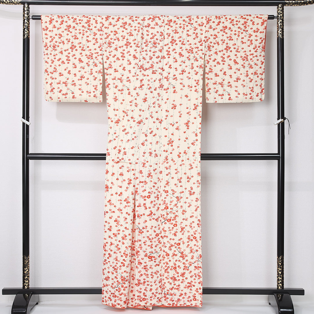 付下げ 袷 身丈161cm 裄丈65cm 正絹 Sランク インフォーマル 広衿 Lサイズ 小紋 桜 白系 RP 1218-12404