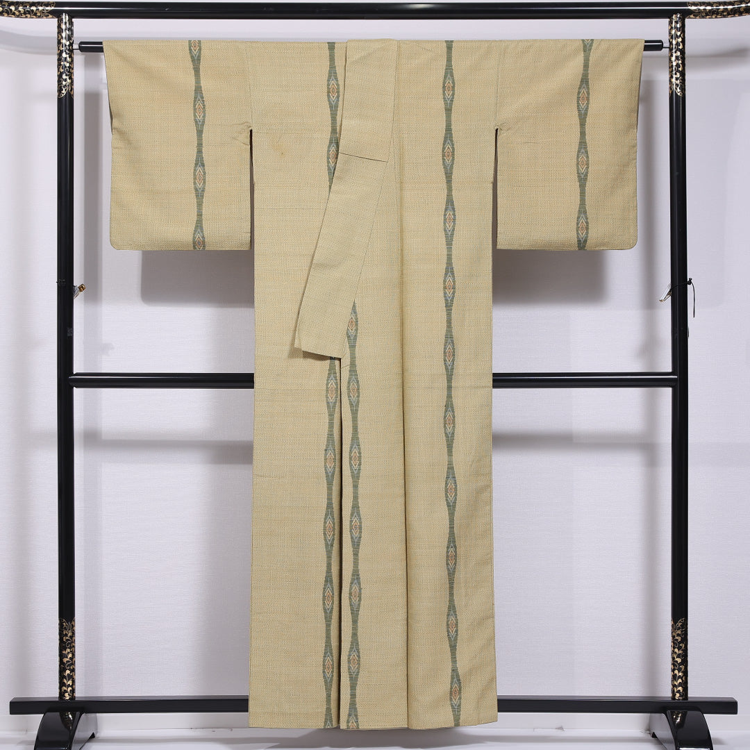 紬 袷 身丈156cm 裄丈64cm 正絹 Cランク カジュアル 広衿 Mサイズ よろけ縞 緑系 LP 1223-11813